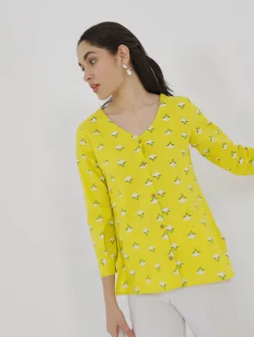 Yellow Floral Print V Neck Shirt