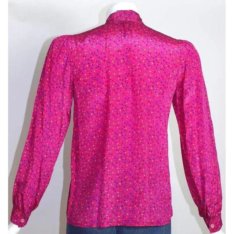 Yves Saint Laurent Pink Confetti Print Silk Bow Tie Blouse | FR 34