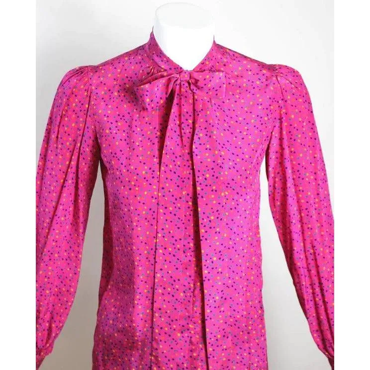 Yves Saint Laurent Pink Confetti Print Silk Bow Tie Blouse | FR 34