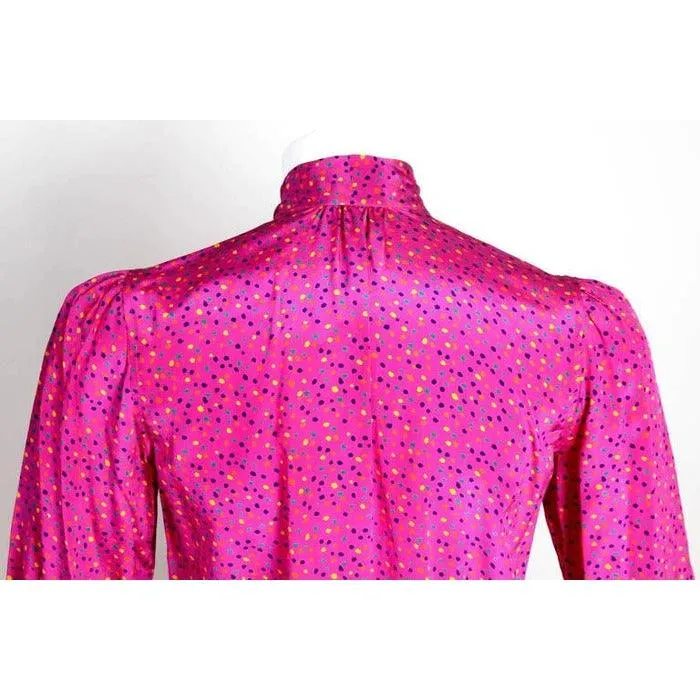 Yves Saint Laurent Pink Confetti Print Silk Bow Tie Blouse | FR 34