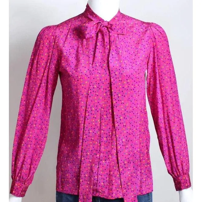 Yves Saint Laurent Pink Confetti Print Silk Bow Tie Blouse | FR 34