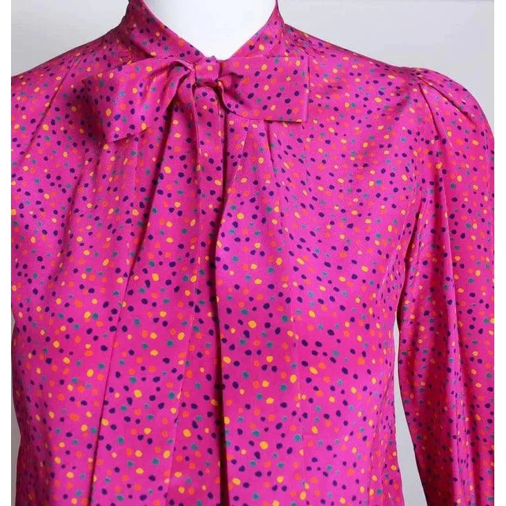 Yves Saint Laurent Pink Confetti Print Silk Bow Tie Blouse | FR 34