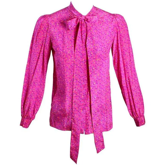 Yves Saint Laurent Pink Confetti Print Silk Bow Tie Blouse | FR 34